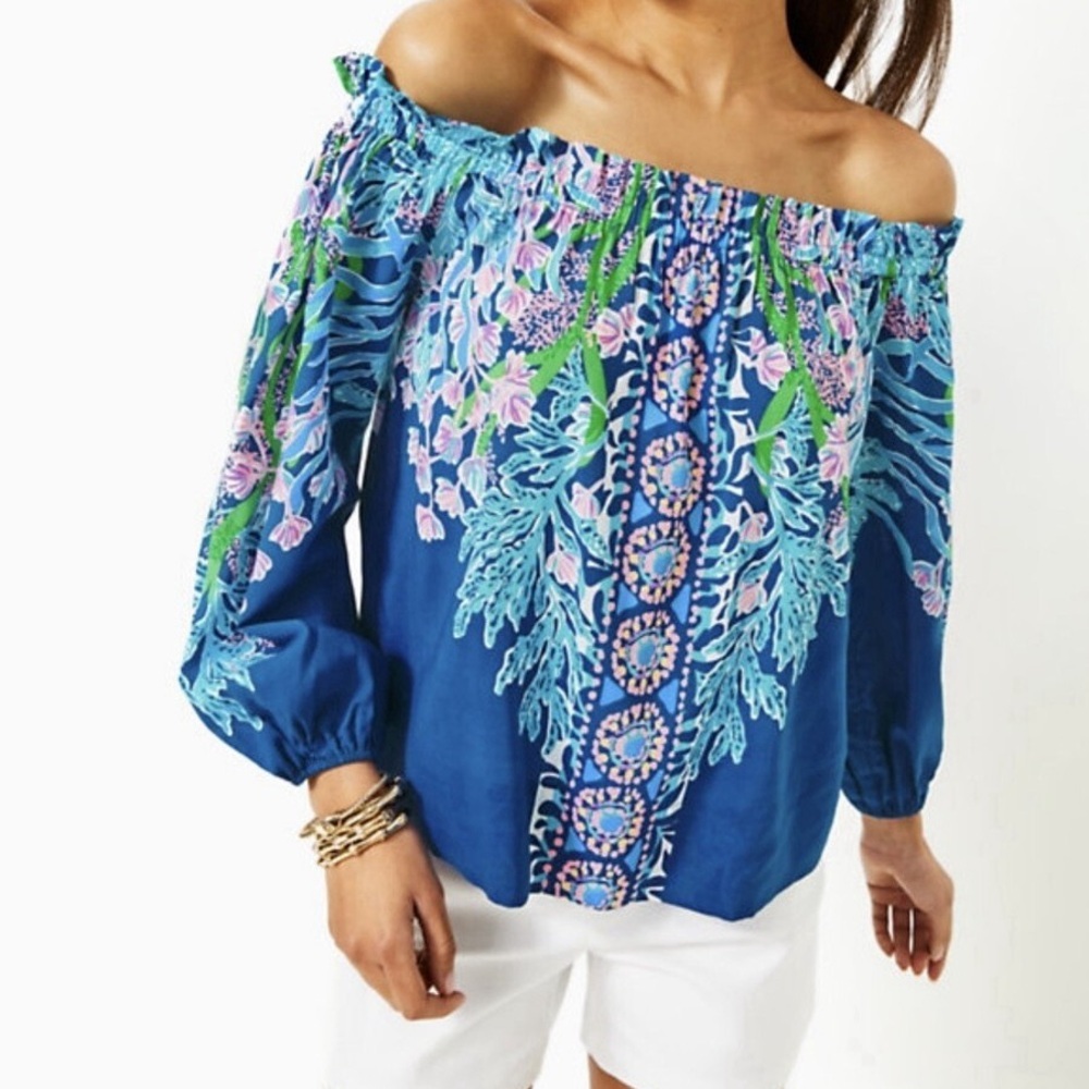 Lilly Pulitzer Aimes Off-the-Shoulder Top Blouse Barton Blue Seacret Escape